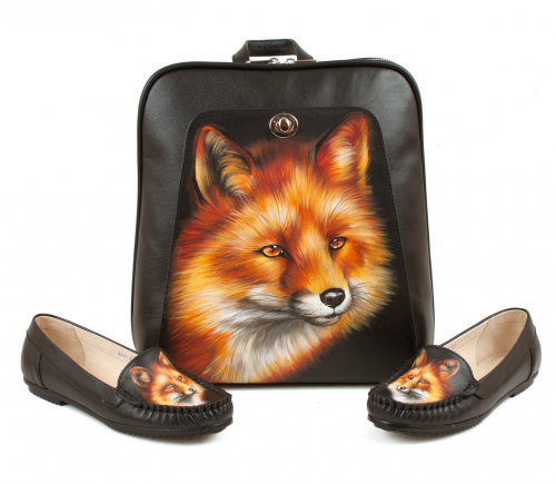 Черный кожаный повседневный рюкзак с росписью "Лисичка" ручной работы с рисунком и вышивкой на заказ - Sumnizza фото 2