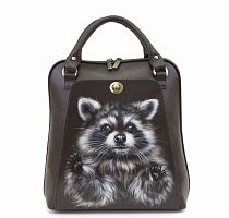 Кожаная сумка рюкзак с рисунком енотика "Пушистые лапки" ручной работы с рисунком на заказ