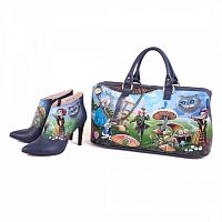 Комплект дорожный саквояж и ботильоны "Алиса" — женский кожаный набор туфли и сумка ручной работы с рисунком