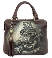 Сумка-саквояж из натуральной кожи с росписью "Кот Бегемот" ручной работы с рисунком и вышивкой на заказ
