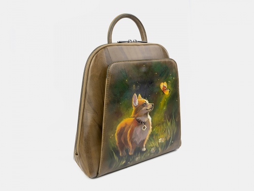 Женский стильный городскрй рюкзак с росписью собаки "Корги" ручной работы с рисунком и вышивкой на заказ - Sumnizza фото 2