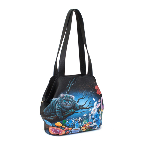 Женская сумка мешок из натуральной кожи с рисунком ручной работы «Чешир и кролик» - кожаная женская сумка хобо, сумка мешок ручной работы с рисунком на заказ |  Sumnizza фото 3