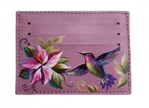 Холдер для карт с рисунком ручной работы "Колибри и орхидея" - кожаный женский конверт для карт, холдер ручной работы с рисунком |  Sumnizza