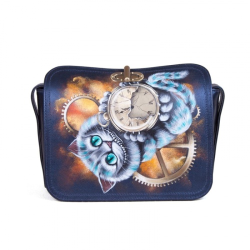 Женская кожаная сумка через плечо с рисунком ручной работы "Время Чеширского кота" — кросс боди с принтом на заказ