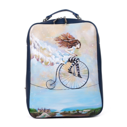 Кожаная сумка рюкзак с принтом "Девушка на канате" ручной работы с рисунком и вышивкой на заказ
 фото 2