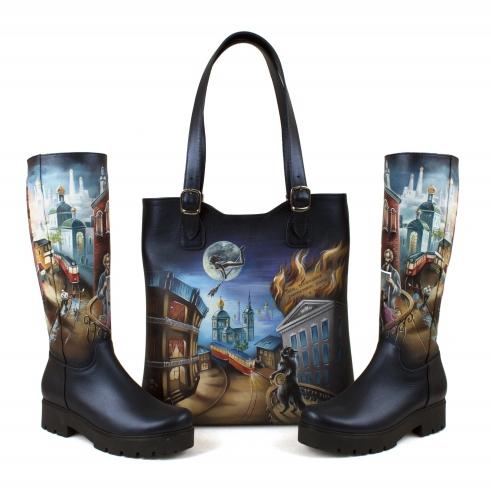 Комплект кожаные сапоги и шоппер "Мастер и Маргарита" - кожаный женский набор рюкзак и ботинки ручной работы с рисунком |  Sumnizza фото 6