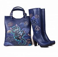 Комплект кожаные сапоги и шоппер "Время Чеширского кота" — женский кожаный набор туфли и сумка ручной работы с рисунком