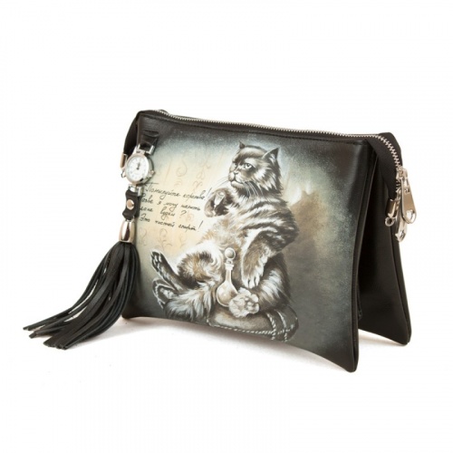 Клатч женский через плечо с рисунком "Кот Бегемот" на заказ - женская кожаная сумка ручной работы с авторским рисунком фото 3