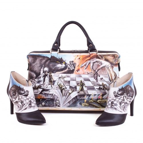 Комплект дамский саквояж и ботильоны "Шахматы" - кожаный женский набор рюкзак и ботинки ручной работы с рисунком |  Sumnizza фото 3