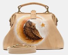 Женский саквояж из натуральной кожи с росписью "Совенок на луне" ручной работы с рисунком и вышивкой на заказ
