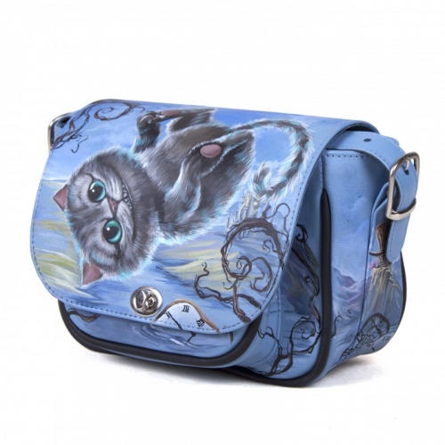 Женская кожаная сумка через плечо с рисунком ручной работы "Чешир" — кросс боди с принтом на заказ фото 2