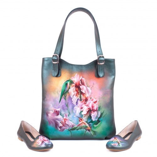 Комплект балетки и сумка-шоппер "Колибри" - кожаный женский набор рюкзак и ботинки ручной работы с рисунком |  Sumnizza фото 2