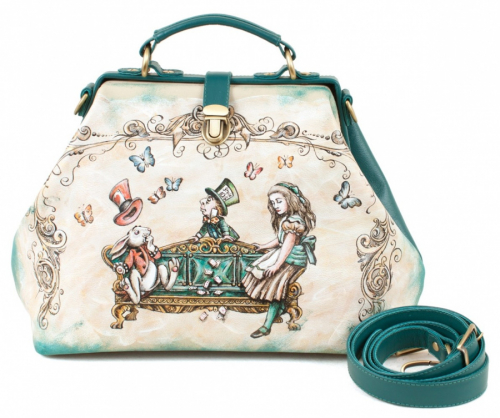 Кожаный саквояж ручной работы с рисунком "Алиса" — женская кожаная сумка саквояж ручной работы с рисунком и вышивкой на заказ