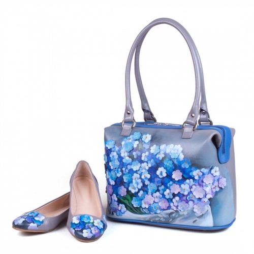 Комплект балетки и кожаный саквояж "Хризантемы" - кожаный женский набор рюкзак и ботинки ручной работы с рисунком |  Sumnizza