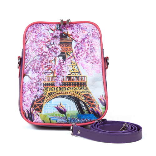 Женская кожаная сумка через плечо с рисунком ручной работы "Весна в Париже" — кросс боди с принтом на заказ фото 3