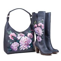 Комплект сапоги и сумка-баул "Пионы" — женский кожаный набор туфли и сумка ручной работы с рисунком