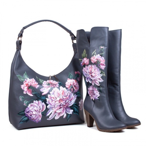 Комплект сапоги и сумка-баул "Пионы" - кожаный женский набор рюкзак и ботинки ручной работы с рисунком |  Sumnizza