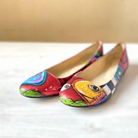 Красные балетки "Этно рыбы" — женские кожаные балетки ручной работы с рисунком и вышивкой
