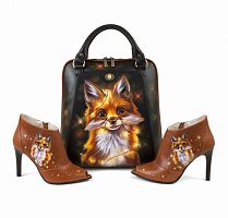 Комплект сумка-рюкзак и ботильоны "Лисичка" — женский кожаный набор туфли и сумка ручной работы с рисунком