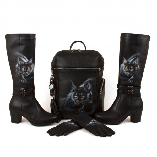 Элегантные женские сапоги с росписью "Кошка охотница" - кожаные и замшевые женские сапоги ручной работы с рисунком на заказ | Sumnizza фото 2