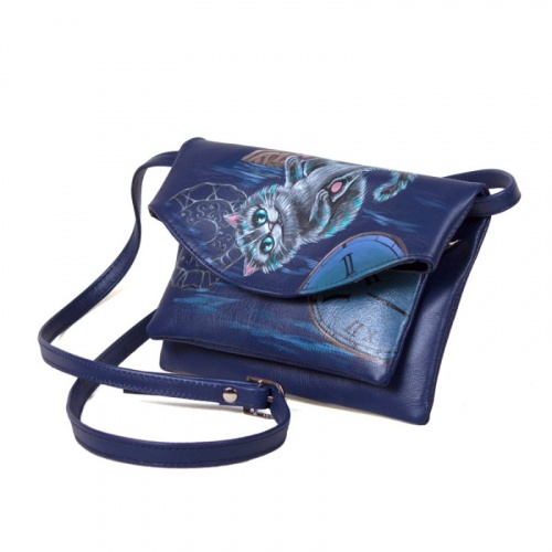 Женская кожаная сумка через плечо с рисунком ручной работы "Время Чеширского кота" на заказ - женская кожаная сумка ручной работы с авторским рисунком фото 2