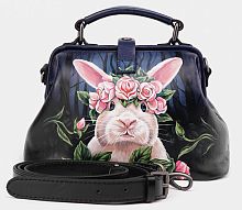Кожаный женский саквояж с росписью ручной работы "Кролик в венке" ручной работы с рисунком и вышивкой на заказ
