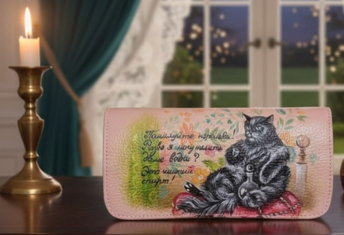 Кошелек женский оригинальный  ручной работы с рисунком Кота Бегемота на заказ - кожаный женский кошелек-портмоне ручной работы с рисунком на заказ |  Sumnizza