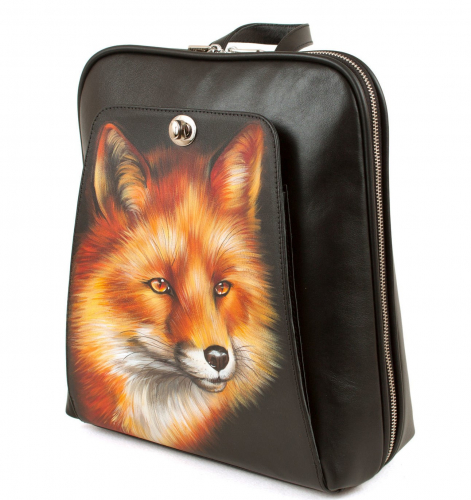 Черный кожаный повседневный рюкзак с росписью "Лисичка" ручной работы с рисунком и вышивкой на заказ - Sumnizza фото 5
