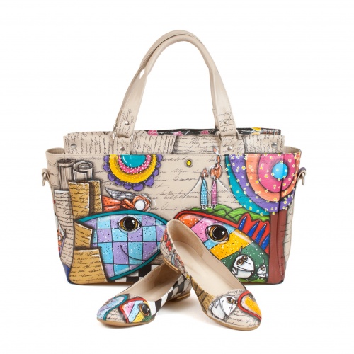 Комплект балетки и деловая сумка "Этно рыбы" - кожаный женский набор рюкзак и ботинки ручной работы с рисунком |  Sumnizza фото 2