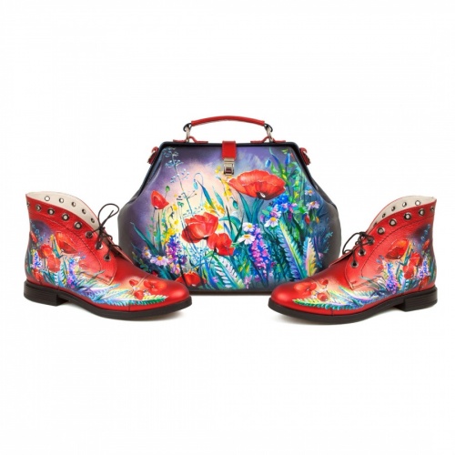 Комплект саквояж и ботинки "Летний луг" - кожаный женский набор рюкзак и ботинки ручной работы с рисунком |  Sumnizza