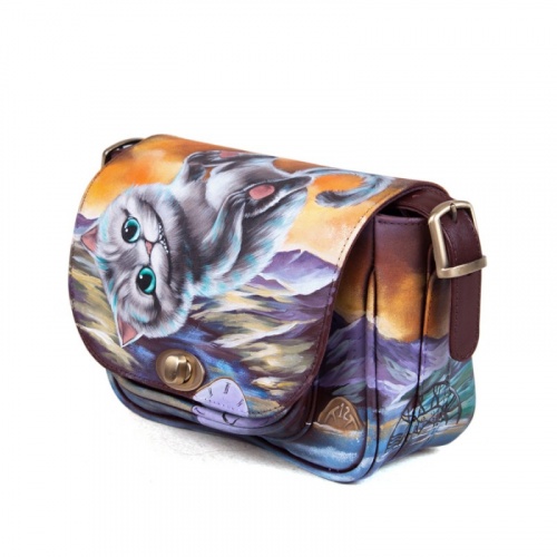 Женская кожаная сумка через плечо с рисунком ручной работы "Время Чеширского кота" — кросс боди с принтом на заказ фото 2