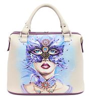 сумка саквояж девушка в маске, дамский саквояж из кожи с рисунком девушки в маске, сумка кожаная с росписью девушки в маске, сумка саквояж женская ручной работы, рисунок девушка в маске, дизайнерская сумка девушка в маске, авторская работа, стильная сумочка с принтом, оригинальная сумка саквояж