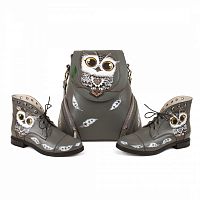 Комплект сумка-рюкзак и ботинки "Совёнок" — женский кожаный набор туфли и сумка ручной работы с рисунком