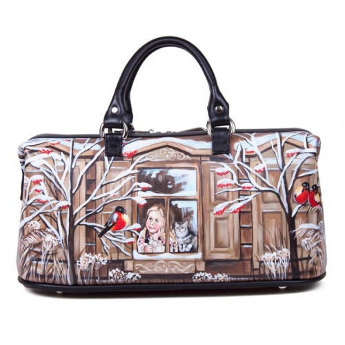 Саквояж ручной работы с росписью "Девочка с котом" - кожаный дорожный саквояж ручной работы с рисунком на заказ |  Sumnizza