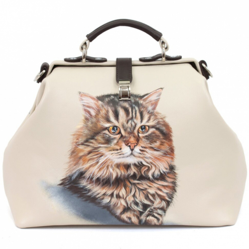 Светлый кожаный саквояж ручной работы с портретом питомца на заказ - изготовление кожаной женской сумки ручной работы с рисунком | Сумки с принтом на заказ - Sumnizza