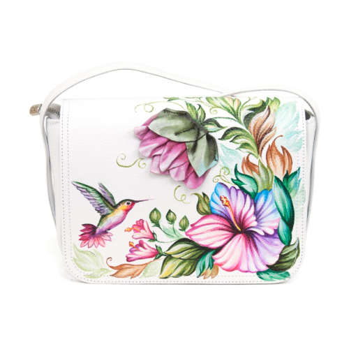 Женская кожаная сумка через плечо с рисунком ручной работы "Колибри над цветком" — кросс боди с принтом на заказ