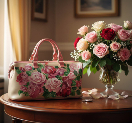 Женский саквояж из натуральной кожи с рисунком "Розовый цвет" - кожаный дорожный саквояж ручной работы с рисунком на заказ |  Sumnizza