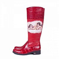 Высокие женские сапоги с росписью "Ангелочки" - широкие женские кожаные и замшевые сапоги ручной работы с принтом, рисунком на заказ