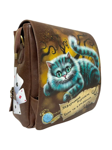 Рюкзак сумка с рисунком ручной работы «Чеширский кот» - кожаный рюкзак ручной работы с оригинальным рисунком на заказ |  Sumnizza фото 4