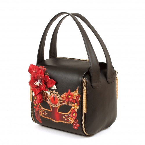 Черная сумка квадратной формы "Маска" ручной работы с рисунком и вышивкой на заказ
 фото 2