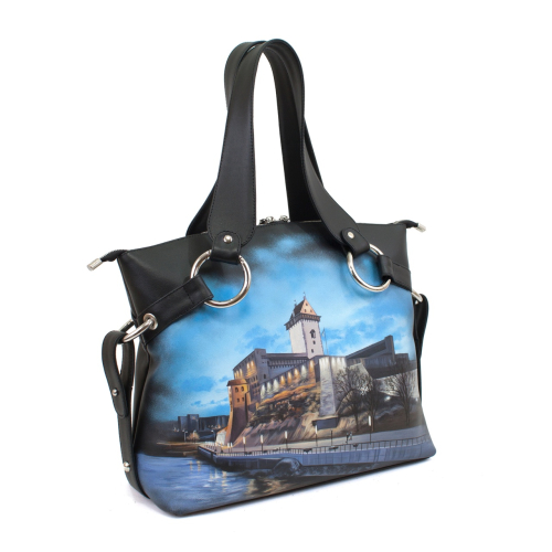 Сумка хобо через плечо "Старый город" - кожаная и замшевая женская сумка шоппер ручной работы с рисунком и вышивкой на заказ фото 3