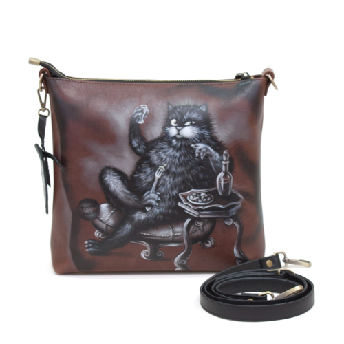 Женская кожаная сумка через плечо с рисунком ручной работы "Кот Бегемот" — кросс боди с принтом на заказ фото 2