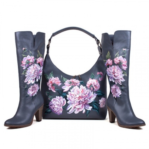 Комплект сапоги и сумка-баул "Пионы" - кожаный женский набор рюкзак и ботинки ручной работы с рисунком |  Sumnizza фото 2