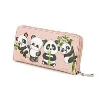 Розовый кошелек на молнии с кожаной аппликацией "Пандочки" - ручная работа | Купить в интернет-магазине