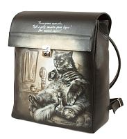 черный мужской рюкзак с росписью "Кот Бегемот" ручной работы с рисунком на заказ