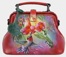 Красная кожаная женская сумка "Колибри" ручной работы с рисунком и вышивкой на заказ
