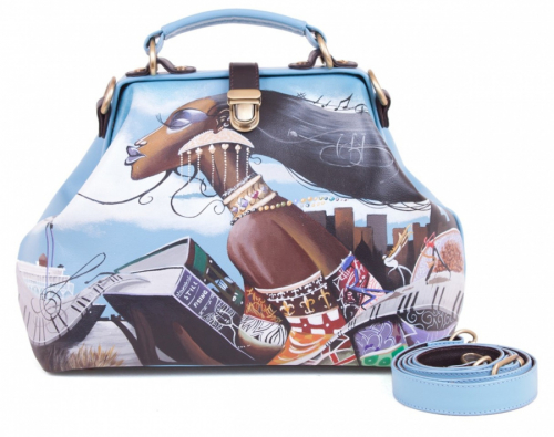 Большая женская сумка-саквояж с росписью "Девушка муза" — женская кожаная сумка саквояж ручной работы с рисунком и вышивкой на заказ
