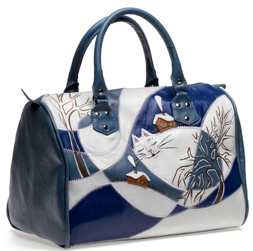 Большая женская сумка с аппликацией "Кот в сугробе" - кожаный дорожный саквояж ручной работы с рисунком на заказ |  Sumnizza фото 2