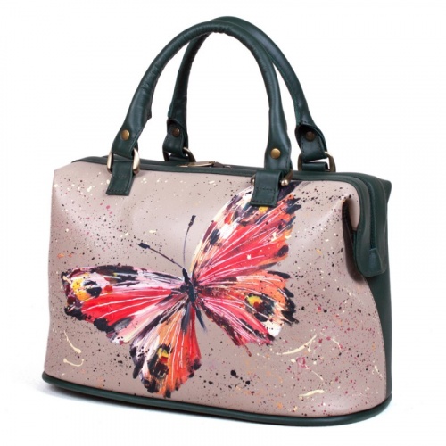 Женский кожаный саквояж с росписью "Взмах крыльев" — женская кожаная сумка саквояж ручной работы с рисунком и вышивкой на заказ фото 2