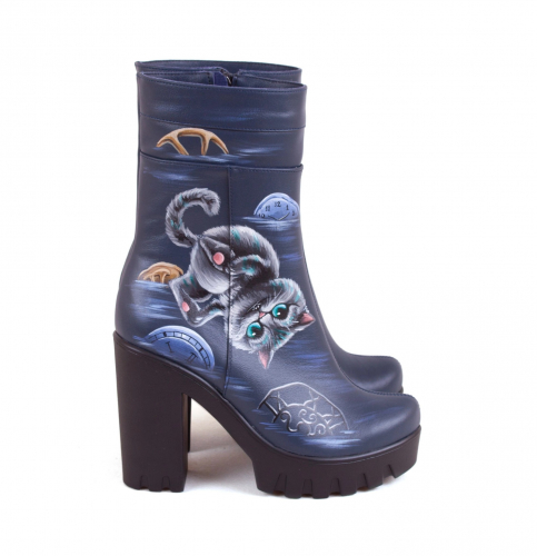 Комплект кожаные полусапоги и рюкзак "Чеширский кот" - кожаный женский набор рюкзак и ботинки ручной работы с рисунком |  Sumnizza фото 2